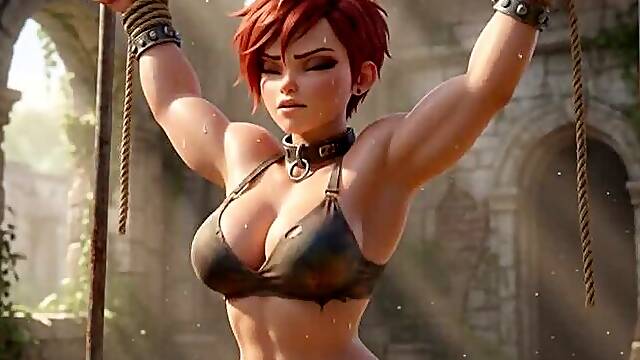 Muscled sexy thicc cartoon bitch is suspended in bondage and has her arms stretched watch her struggle